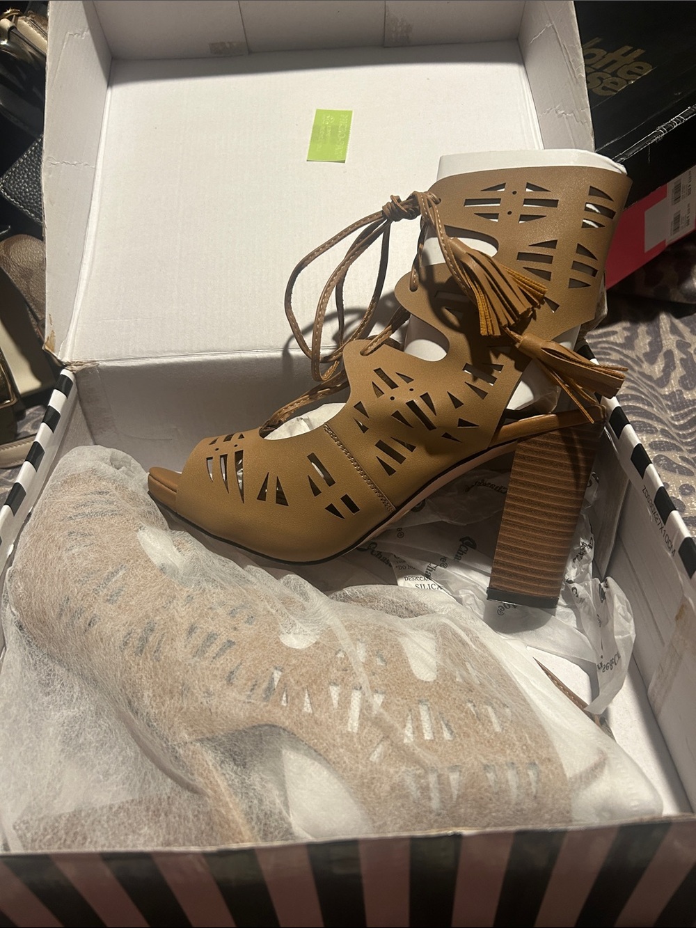 Chase + Chloe Tan Laser-Cut Lace-Up Block Heel Sandals